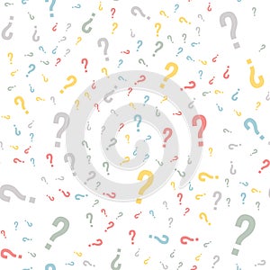 Quiz seamless pattern. Question marks, doubt, faq background. Simple endless repeating motif. Poll, survey