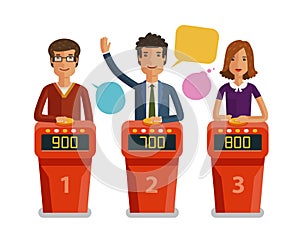 Quiz show, game concept. Players answering questions standing at stand with buttons. Vector flat illustration