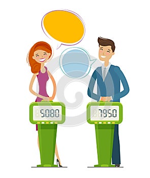 Quiz show, game concept. Players answering questions standing at stand with buttons. Vector flat illustration