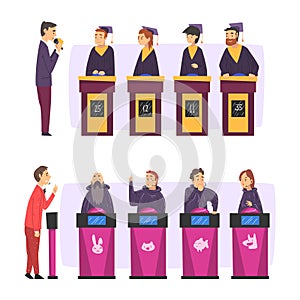 Quiz Show Host and Player Character Standing Ready to Press Button Vector Set