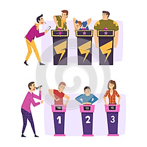 Quiz Show Host and Player Character Standing Ready to Press Button Vector Set