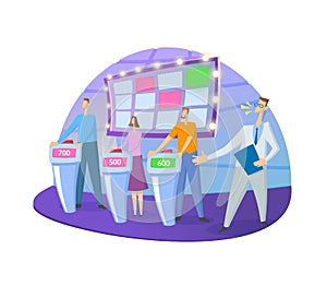 Quiz show TV-studio with host and contestants. Screen, stands and lights. Colorful flat vector illustration. Isolated on
