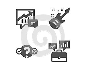 Quiz test, Accounting and Electric guitar icons. Business portfolio sign. Vector