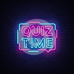 Quiz Time announcement poster neon signboard vector. Pub Quiz vintage styled neon glowing letters shining, Light Banner