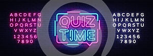 Quiz Time announcement poster neon signboard vector. Pub Quiz vintage styled neon glowing letters shining, Light Banner