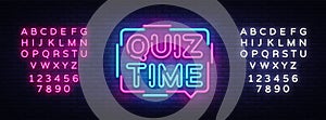 Quiz Time announcement poster neon signboard vector. Pub Quiz vintage styled neon glowing letters shining, Light Banner photo