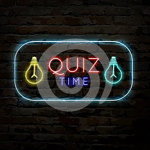 Quiz time neon logo symbol. Quiz pub poster or banner template for night or bar party photo