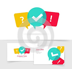 Quiz vector logo business card, questionnaire icon, poll sign, flat bubble speech symbols, concept of social