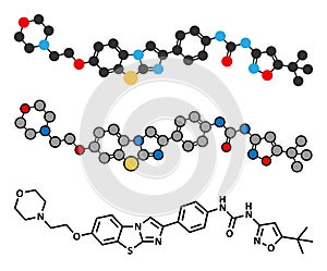 Quizartinib cancer drug molecule kinase inhibitor. Stylized 2D renderings and conventional skeletal formula.