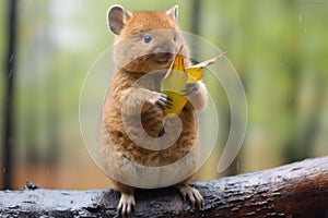 quokka clutching leaves with tiny paws, eating