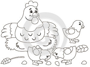 Quot on the nest, chicks. Childrens coloring, black lines, white background.