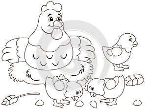 Quot on the nest, chicks. Childrens coloring, black lines, white background. photo