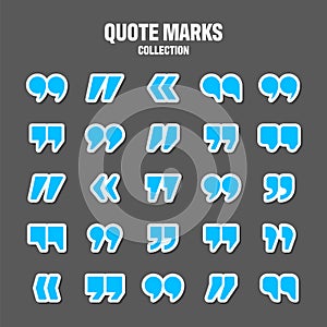 Quotation marks vector collection. Blue quotes icon. Colorful stickers collection. Speech mark symbol.