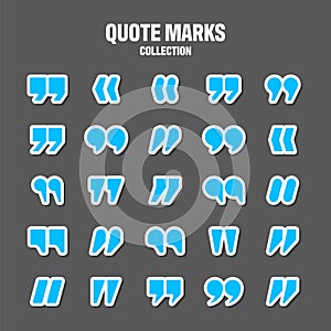 Quotation marks vector collection. Blue quotes icon. Colorful stickers collection. Speech mark symbol.