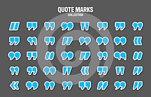 Quotation marks vector collection. Blue quotes icon. Colorful stickers collection. Speech mark symbol.