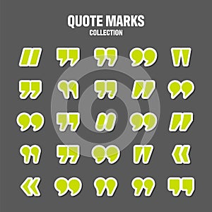 Quotation marks vector collection. Green quotes icon. Colorful stickers collection. Speech mark symbol.