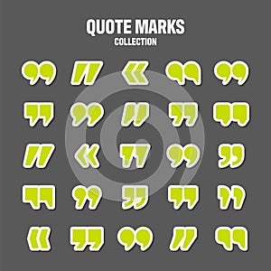 Quotation marks vector collection. Green quotes icon. Colorful stickers collection. Speech mark symbol.