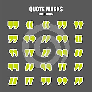 Quotation marks vector collection. Green quotes icon. Colorful stickers collection. Speech mark symbol.