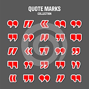 Quotation marks vector collection. Red quotes icon. Colorful stickers collection. Speech mark symbol.