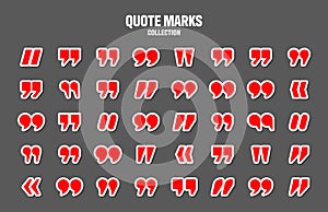 Quotation marks vector collection. Red quotes icon. Colorful stickers collection. Speech mark symbol.