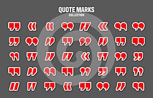 Quotation marks vector collection. Red quotes icon. Colorful stickers collection. Speech mark symbol.