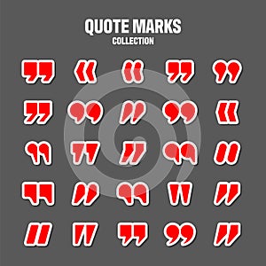 Quotation marks vector collection. Red quotes icon. Colorful stickers collection. Speech mark symbol.