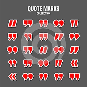 Quotation marks vector collection. Red quotes icon. Colorful stickers collection. Speech mark symbol.