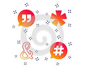 Quote, asterisk footnote icons. Hashtag symbol. Vector