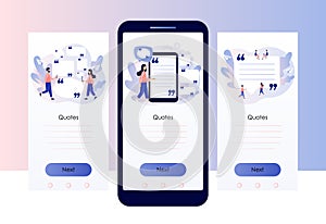 Quote box and speech bubble. Texting quote boxes. Tiny characters quoted text great and famous people. Screen template photo