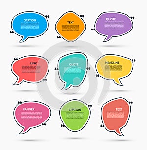 Quote box. Vector set of speech bubbles, text frames. Can be used for statement, citation, message, quotation