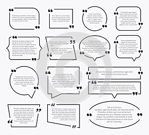 Quote boxes. Quotation sentence box design, idea paragraph marks comment sentencing mention description bubbles with commas set