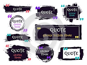 Quote brush text box. Grunge textured label, sketch brush template, hand drawn rough speech bubbles. Remark label frames