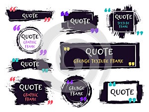 Quote brush text box. Grunge textured label, sketch brush template, hand drawn rough speech bubbles. Remark label frames photo