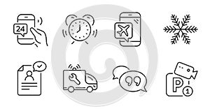 Quote bubble, Snowflake and Flight mode icons set. Parking security, Resume document and 24h service signs. Vector