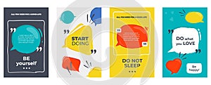 Quote frames. Colored posters with frames and motivation text, dialog and opinion speech bubbles. Vector citation photo
