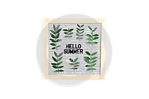 Quote - Hello summer. Letterboard and pistachios branches