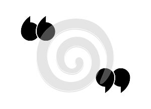 Quote icon. Mark for quotation, speech and citation. Double comma and inverted double comma. Black symbol for bubble, discussion