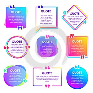 Quote info box. Text remark frame, quotes reference label and texting dialogue words excerpt frames boxes vector set