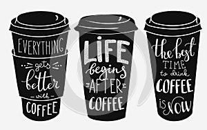 Quote lettering on coffee paper cup shape set