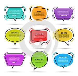 Quote speech bubble, text box, citation frame, colorful message banner isolated on white background. Vector illustration