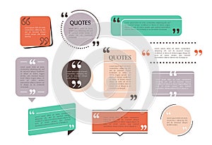 Quote text box, bubble for comment, mark design. Set of quotation banner template in flat modern style. Vector