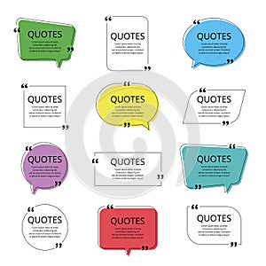 Quote text box. Cited box frame label, social network quotes dialogue bubble, remark text frames and quote frames