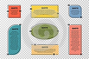 Quote text box, quote frame with space for text. Set of quotation bubbles. Transparent text box templates, message border and