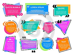 Quote text frames. Information bubbles, note message or texting block. Colorful info banner, creative quotation square