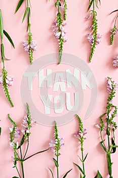 Quote Thank You made of letters cut out of paper. Pattern made of wild flowers