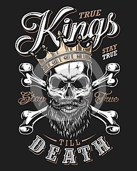 Quote typography with black and white king skull in golden crown with beard