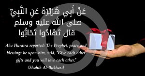 Quotes of the hadith of the prophet which means Abu Huraira reported: The Prophet, peace and blessings be upon him, said, `Give ea