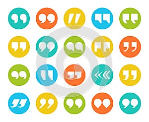 Quotes marks. Flat quotation marking speech icon set. Double comma signs in circle. Remark button vector set photo