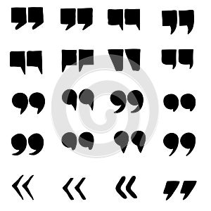 Quotes marks. Quotation marking speech punctuation excerpt commas double comma. Remark button vector set with hand drawn doodle