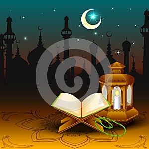 Quran with lamp on Eid Mubarak background